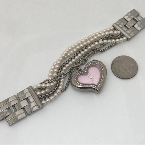 Guess Ladies Watch Heart Shape Pink Face Beads Cha - Picture 6 of 12